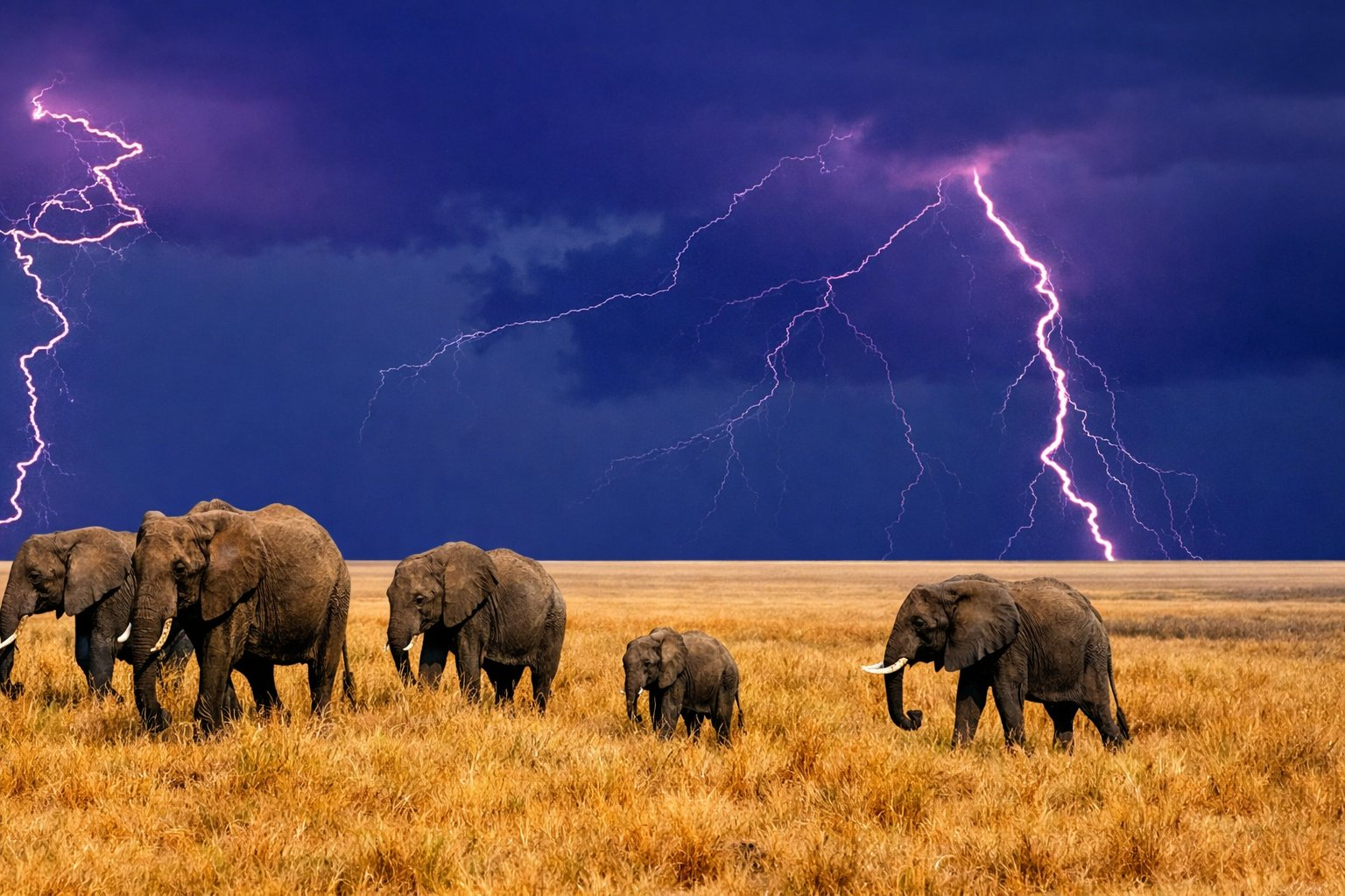 Elephants walking through golden savanna with lightning striking behind them